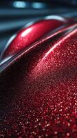 Sparkling red surface in close-up showcasing fine glitter texture under bright light photo
