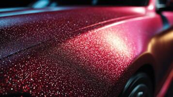 Sparkling red car paint glimmers under bright lights, showcasing intricate details and shimmering texture photo
