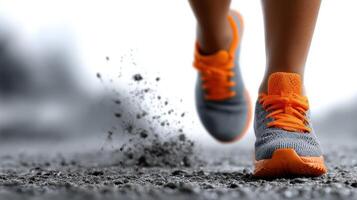 Running on gravel path at dawn with focus on athletic shoes and feet photo