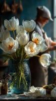 White tulips in a glass vase with a person preparing food in a cozy kitchen during daylight photo