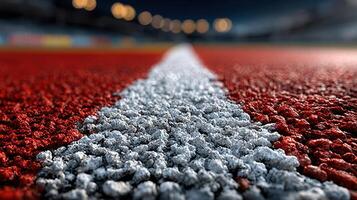 Close-up of a textured running track surface with a white lane marker under evening lights photo