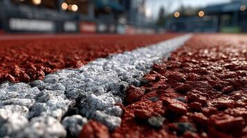 Close-up view of a red running track highlighting the white lane line at a modern sports facility photo