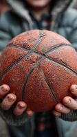 Young person holding a worn basketball with visible texture in hands during outdoor play photo