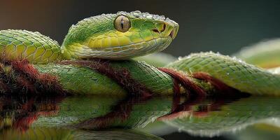 Colorful green snake resting near water with droplets on its scales during early morning hours in a natural habitat setting photo