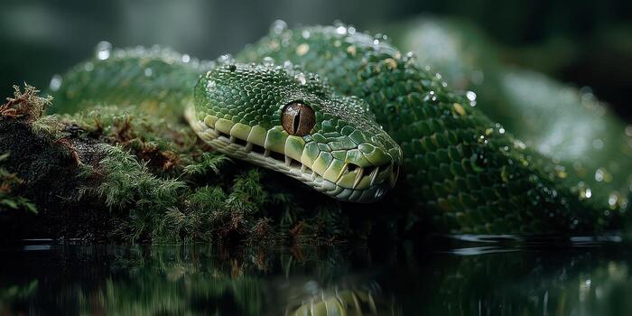 Green tree python resting on wet moss by a tranquil water body during a humid morning in a tropical rainforest photo