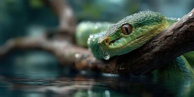 Close-up of a green snake resting on a branch near water in a lush natural habitat during daylight hours photo