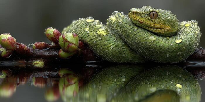 Green snake resting on a branch with raindrops at dawn near a misty rainforest photo