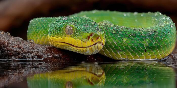 Bright green python resting on a log by the water in a tropical setting after rain photo