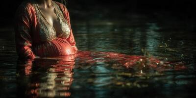 Expecting mother in tranquil water, celebrating life and beauty in nature at sunset photo