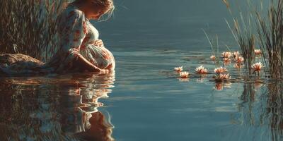 Pregnant woman resting by serene water with blooming lilies during golden hour photo