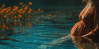 Creative maternity portrait in serene water with vibrant orange flowers at sunset photo