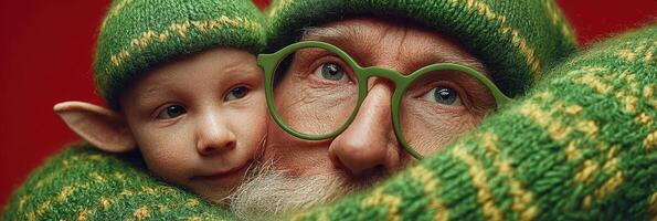 Cheerful old man and child in matching green and yellow knit hats embrace warmly during winter festivities at home photo