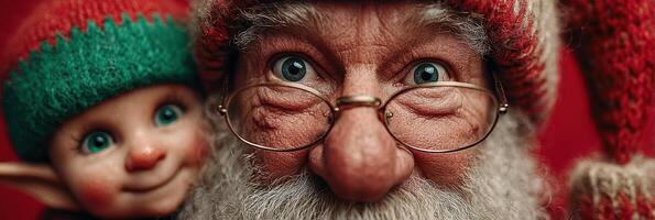 Santa and his cheerful elf enjoy a joyful moment during the holiday season at a festive workshop photo