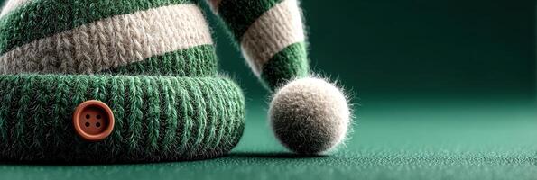 Cozy green and white striped winter hat with pom pom displayed on a green surface in a warm indoor setting photo