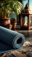 Elegant rolled blue rug with decorative patterns in a cozy indoor setting during daylight hours photo