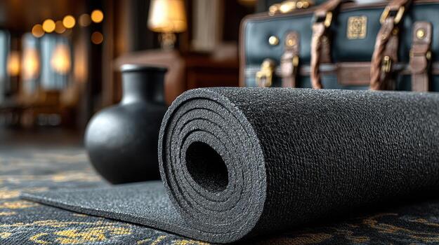 Yoga mat and props arranged in a tranquil indoor setting with soft lighting for a peaceful practice session photo