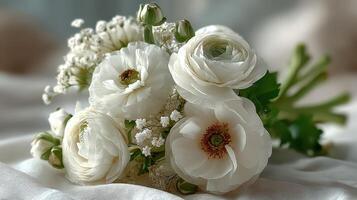 Delicate white ranunculus bouquet arranged with greenery and filler flowers on soft fabric background in natural light photo
