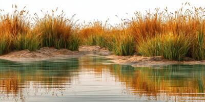 Serenity of autumn reeds by a calm waterway at sunset enhancing nature's beauty photo