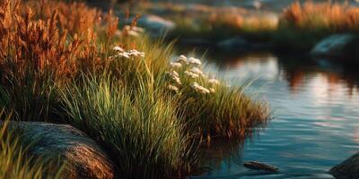 Tranquil stream surrounded by wild grasses and flowers during sunset in a serene natural setting photo