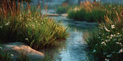Serene stream surrounded by lush grass and wildflowers at dawn in a peaceful nature setting photo