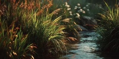 Serene stream with lush foliage and flowers at dusk illuminating a tranquil natural setting photo