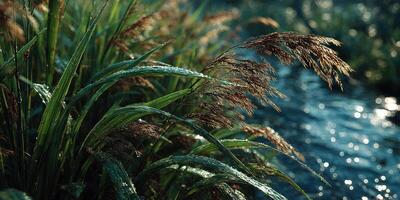 Morning dew glistens on grass near a tranquil stream surrounded by lush greenery in a serene landscape at dawn photo