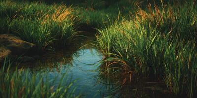 Natural stream flowing through lush green grass during golden hour in a serene landscape photo