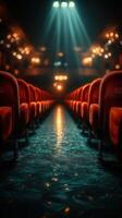 Rows of empty red theater seats illuminated by soft lights during an evening performance in an old cinema photo