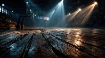 Wooden court captures the atmosphere of a basketball game in a vibrant indoor arena during evening hours photo