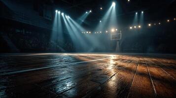 Empty basketball court illuminated by dramatic lights in a sports arena during the evening hours photo