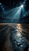 Wooden basketball court captures the intensity of a thrilling game under bright arena lights photo