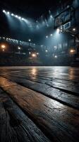Dust settles on a wooden basketball court after an intense game during the evening at a dimly lit arena in a lively urban area photo
