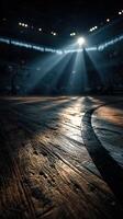 Basketball court illuminated by stadium lights during an intense game atmosphere in a packed arena photo