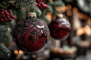 Festive red ornament hanging from a snow-dusted evergreen branch in a holiday market adorned with warm lights photo