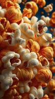 Popcorn kernels burst into fluffy pieces, creating a tasty snack experience full of texture and color during movie nights or parties photo