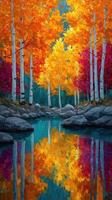 Vibrant autumn landscape with colorful trees and reflections in a serene stream photo