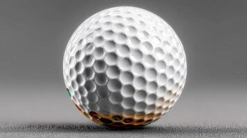 Close-up view of a golf ball showcasing intricate dimples and texture against a gray background photo