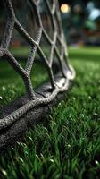 Goal net captured on a soccer field during a bright afternoon with perfectly manicured grass photo