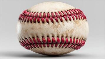Close-up of a worn baseball with visible stitching, showcasing the texture and character of a well-used sports ball photo