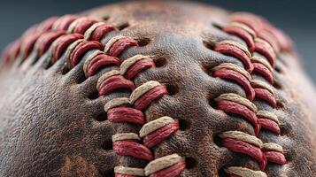 Close-up of an old baseball showcasing intricate stitching and weathered leather surface in natural light photo