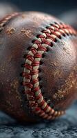 Old baseball resting on the ground, showcasing weathered leather and detailed stitching from a close perspective, evoking nostalgia and history photo