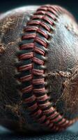 Close look at a vintage baseball showing detailed stitching and worn leather texture during a summer afternoon photo