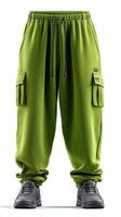Stylish bright green cargo pants displayed with black sneakers for a sporty urban look photo