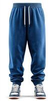 Blue sweatpants with drawstring and white sneakers showcase casual streetwear style photo