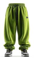 Unique green sweatpants displayed on a mannequin with stylish sneakers at a bright studio setting photo