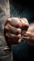 Strong fist gripping the fabric with determination during a training session in a dimly lit gym photo