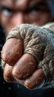Close-up of a wrapped fist preparing for a boxing match in a training environment during evening hours photo
