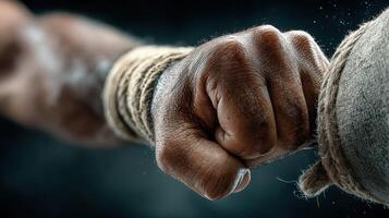 Powerful fist striking a boxing bag during intense training session at gym photo