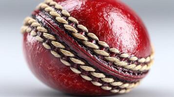 Cricket ball with intricate stitching displayed on a neutral background capturing its rich color and texture photo
