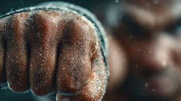 Strong fist punching through dust in a dramatic sports training session showcasing determination and effort photo